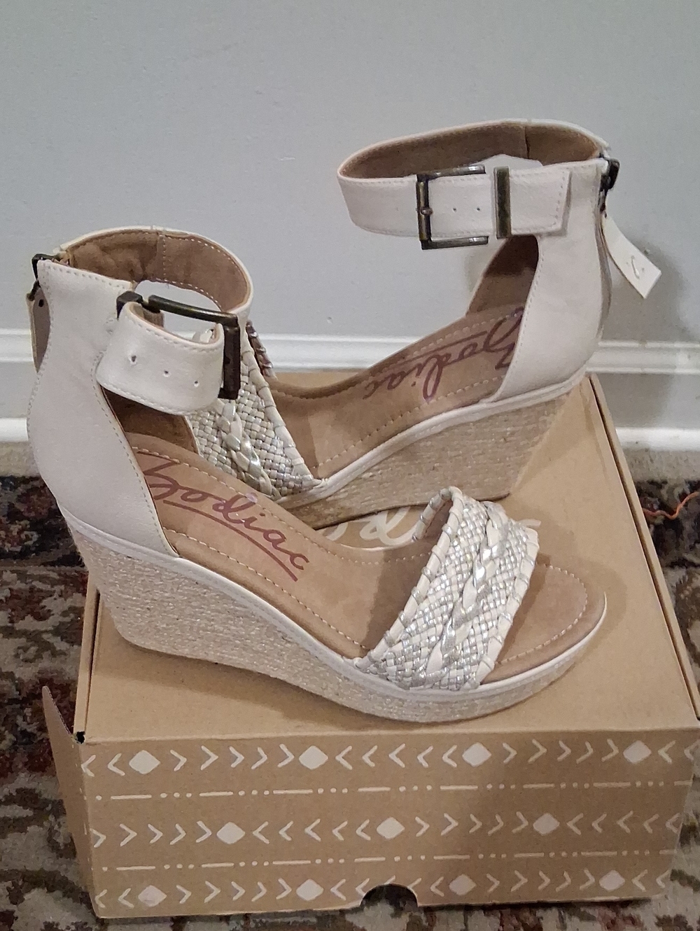 Zodiac Ivory Braided Espadrille Wedge Sandals with Ankle Buckle